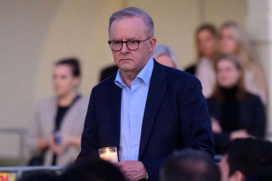 Australian Prime minister Anthony Albanese attends a candlelight vigil for the victims of a stabbing attack at the Bondi Junction Westfield shopping centre in Sydney on April 21, 2024.- AFP pic