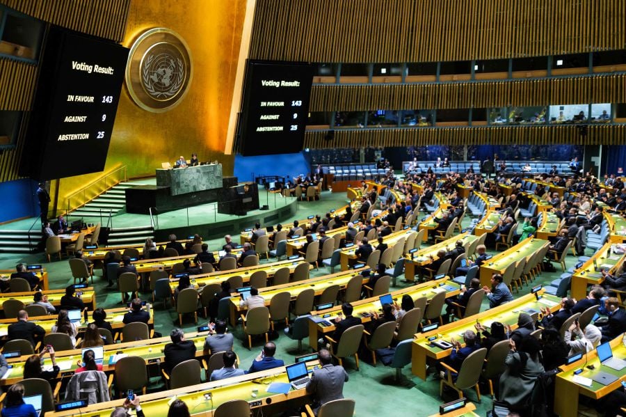 The results of a vote on a resolution for the UN Security Council to reconsider and support the full membership of Palestine into the United Nations is displayed during a special session of the UN General Assembly, at UN headquarters in New York City on May 10, 2024.- AFP pic