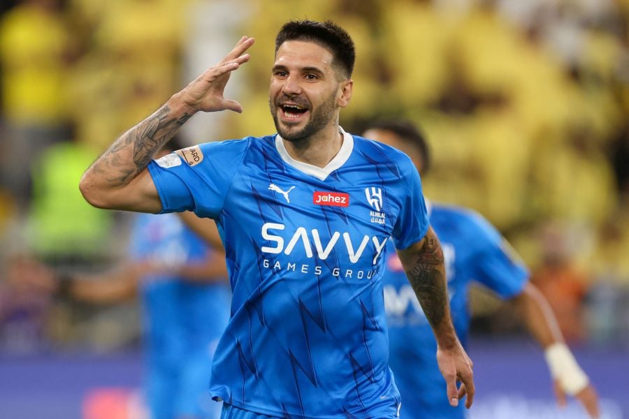 Hilal's Serbian forward #09 Aleksandar Mitrovic celebrates scoring his team's first goal during the King's Cup final match between Al-Nassr and Al-Hilal at the King Abdullah Sport City Stadium in Jeddah on May 31, 2024.- AFP PIC