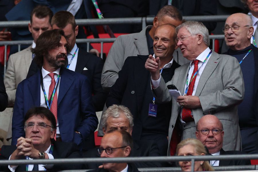 (From L) Italian former football player Andrea Pirlo, Italian football coach Massimiliano Allegri and former English manager Alex Ferguson attend the UEFA Champions League final football match between Borussia Dortmund and Real Madrid, at Wembley stadium, in London, on June 1, 2024. - AFP PIC