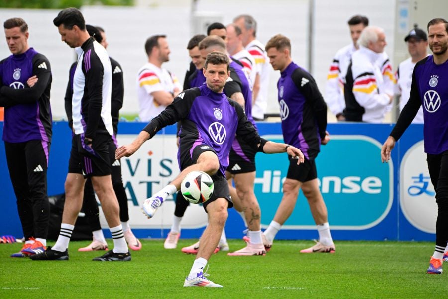 Germany's forward Thomas Mueller (C) takes part in a training session of Germany's national football team, ahead of the UEFA Euro 2024 European football Championships, in Herzogenaurach, Bavaria, on June 12, 2024. - AFP PIC