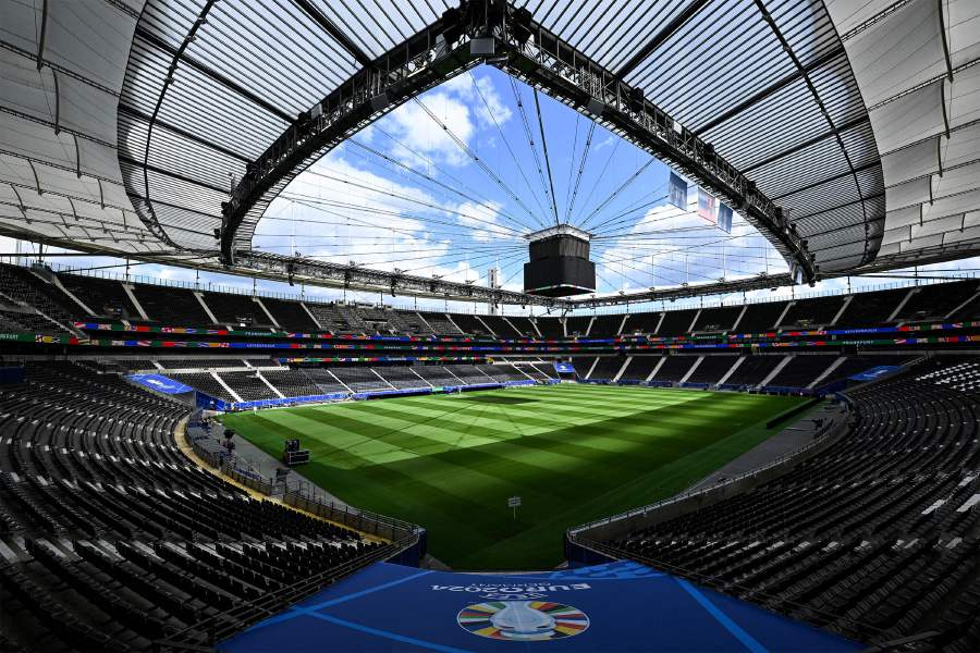 Interior view of Waldstadion stadium, also known as Deutsche Bank Park, one of the host stadiums that will be called Frankfurt Arena during the UEFA Euro 2024 European Football Championship is pictured during the "Stadium Open Media Day" in Frankfurt am Main, western Germany on June 11, 2024. - AFP PIC