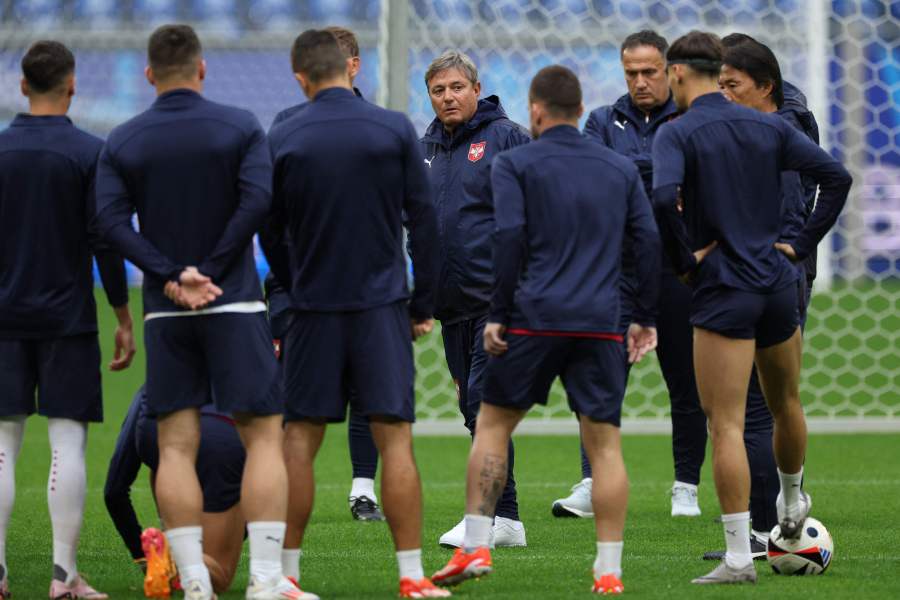 Serbia's head coach Dragan Stojkovic (Rear C) supervises a MD-1 training session during the UEFA Euro 2024 football Championship, in Gelsenkirchen on June 15, 2024. - AFP PIC