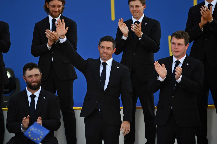 Europe's Northern Irish golfer, Rory McIlroy (C) is introduced on stage at the opening ceremony for of the 44th Ryder Cup at the Marco Simone Golf and Country Club in Rome. - AFP Pic