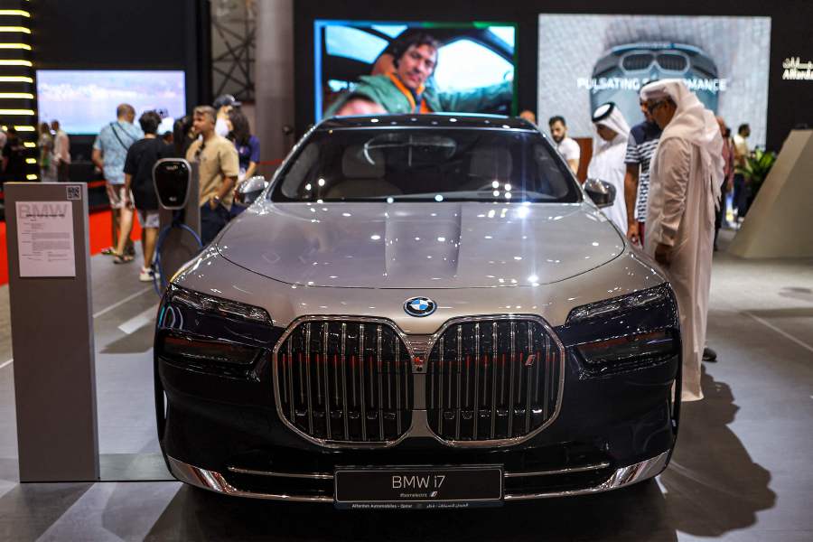 A 2023 BMW i7 car is displayed at the Geneva International Motor Show (GIMS)at the Doha Exhibition and Convention Center in Doha on October 7, 2023.- AFP Pic