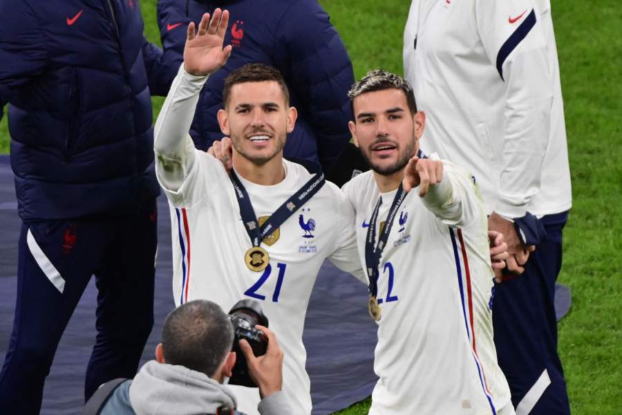 France's defender Lucas Hernandez (L) and France's defender Theo Hernandez celebrate their victory at the end of the Nations League final football match between Spain and France at San Siro stadium in Milan, on October 10, 2021. - AFP pic