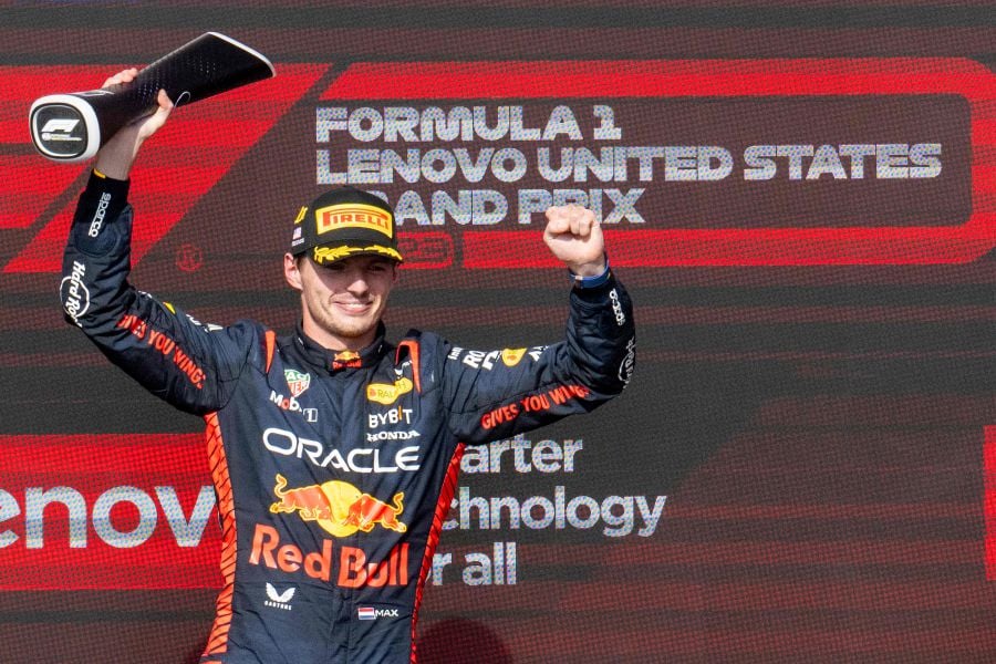 Red Bull Racing's Dutch driver Max Verstappen celebrates on the podium after winning the 2023 United States Formula One Grand Prix. - AFP Pic