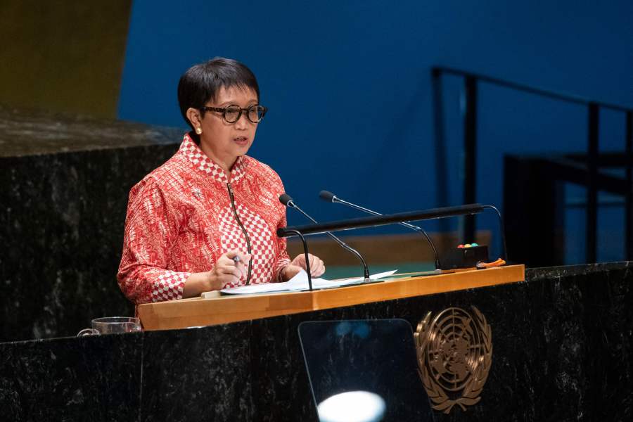 Indonesian Foreign Minister Retno Marsudi speaks at the General Assembly during the 10th Emergency Special Session at the 39th plenary meeting at United Nations Headquarters on October 26, 2023 in New York City. - AFP Pic