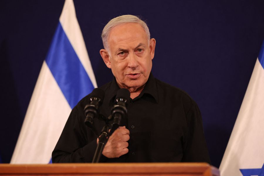 Israeli Prime Minister Benjamin Netanyahu speaks during a press conference in the Kirya military base in Tel Aviv on October 28, 2023. - AFP Pic