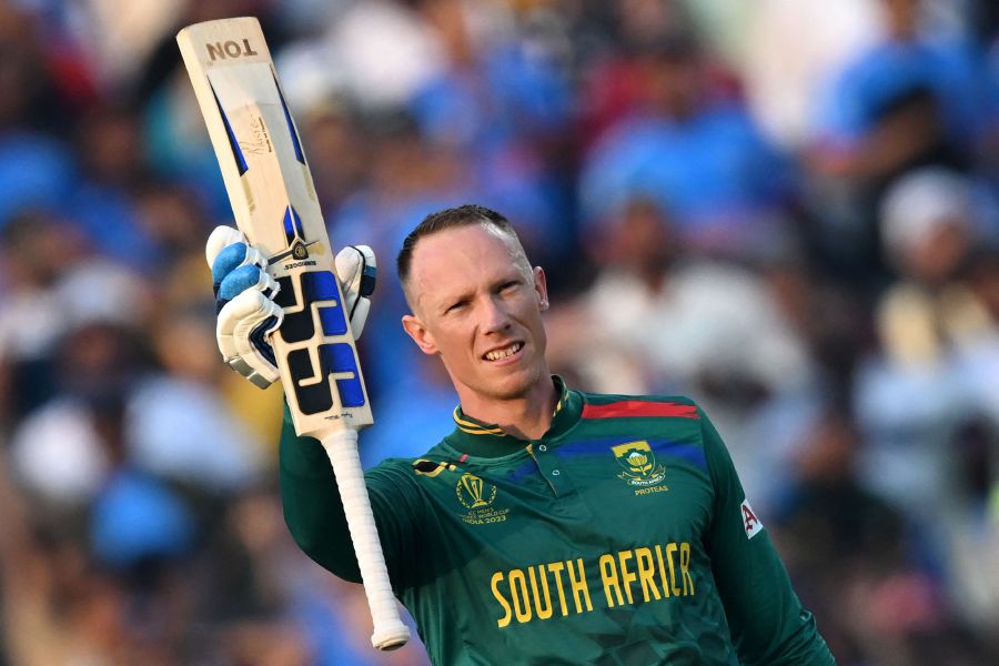 South Africa's Rassie van der Dussen celebrates after scoring a century (100 runs) during the 2023 ICC Men's Cricket World Cup one-day international (ODI) match between New Zealand and South Africa. - AFP Pic