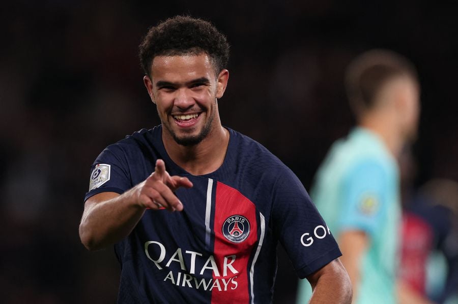 Paris Saint-Germain's French midfielder #33 Warren Zaire-Emery celebrates scoring his team's second goal during the French L1 football match between Paris Saint-Germain (PSG) and Montpellier Herault SC on November 3, 2023. - AFP Pic