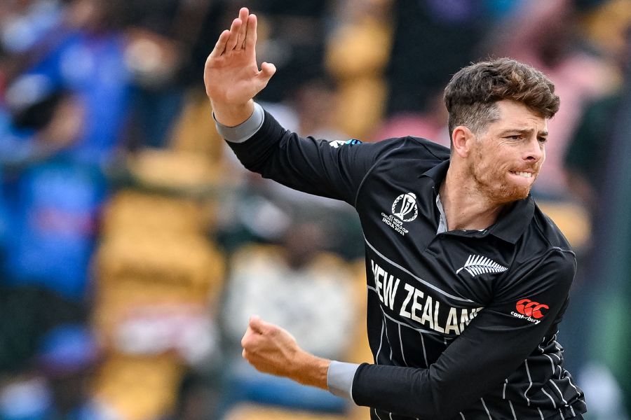 New Zealand's Mitchell Santner bowls during the 2023 ICC Men's Cricket World Cup one-day international (ODI) match between New Zealand and Pakistan at the M. Chinnaswamy Stadium in Bengaluru on November 4, 2023. - AFP Pic