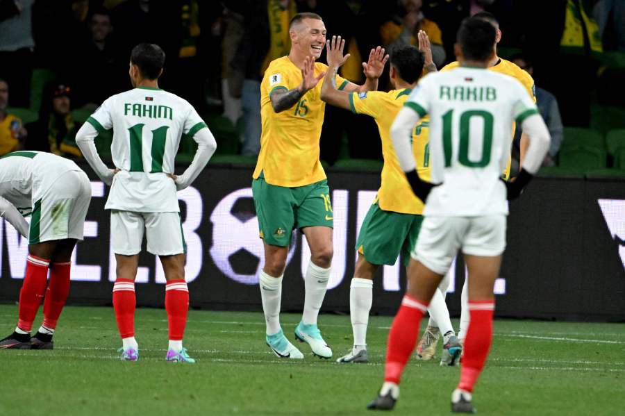 Australia's Mitchell Duke (C) celebrates scoring a goal during their 2026 FIFA World Cup Asian qualification football match between Australia and Bangladesh played in Melbourne on November 16, 2023.- AFP Pic