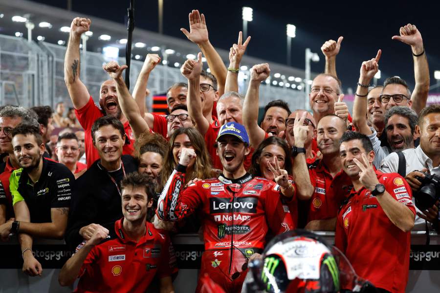 Ducati Lenovo Team's Italian rider Francesco Bagnaia celebrates with his team after finishing second in the Moto GP Grand Prix of Qatar at the Lusail International Circuit.- AFP Pic
