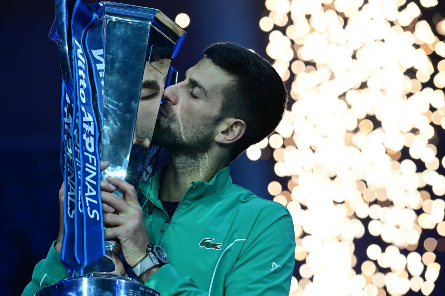 Serbia's Novak Djokovic kisses the trophy after winning the final match against Italy's Jannik Sinner at the ATP Finals tennis tournament in Turin on November 19, 2023. - AFP Pic