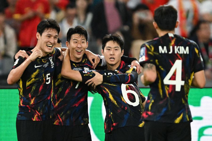 South Korea's Park Yong-woo (L), Son Heung-min (2L), Hwang In-beom (C), Lee Kang-in (2R) and Kim Min-jae (R) celebrate after scoring a goal during the 2026 FIFA World Cup AFC qualifiers football match between China and South Korea at Shenzhen. AFP Pic