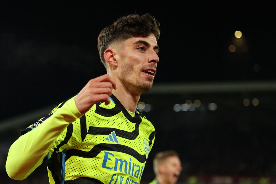 Arsenal's German midfielder #29 Kai Havertz celebrates after scoring his team first goal during the English Premier League football match between Brentford and Arsenal on November 25, 2023.- AFP Pic