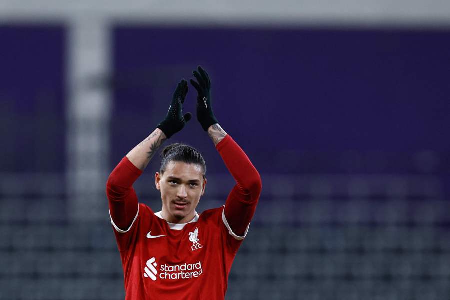 Liverpool's Uruguayan striker #09 Darwin Nunez applauds at the end of the UEFA Europa League football match between Union Saint Gilloise and Liverpool FC at the Lotto Park in Brussels on December 14, 2023. - AFP pic