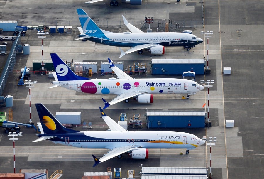 FILE PHOTO: An aerial photo shows Jet Airways and 9 Air Boeing 737 MAX airplanes, as well as a 737 MAX 7, grounded at Boeing Field in Seattle, Washington, U.S. March 21, 2019. REUTERS/Lindsey Wasson