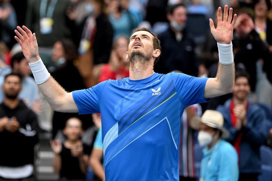 Andy Murray of Great Britain reacts after winning his first round Men’s singles match against Nikoloz Basilashvili of Georgia on Day 2 of the Australian Open, at Melbourne Park, in Melbourne, Australia, 18 January 2022. - EPA pic 