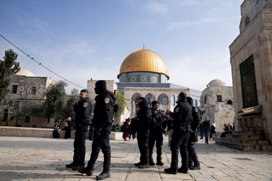 Israeli police secure the Al-Aqsa Mosque compound, known to Muslims as the Noble Sanctuary and to Jews as the Temple Mount, in the Old City of Jerusalem, Tuesday. Itamar Ben-Gvir, an ultranationalist Israeli Cabinet minister, visited the flashpoint Jerusalem holy site Tuesday for the first time since taking office in Prime Minister Benjamin Netanyahu's new far-right government last week. The visit is seen by Palestinians as a provocation. - AP pic
