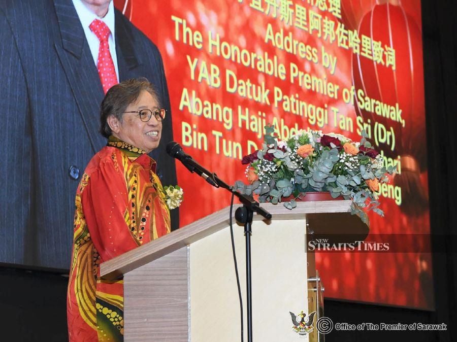 Sarawak Premier Tan Sri Abang Johari Tun Openg delivers his keynote address during the United Chinese Association (UCA) Sibu’s Chinese New Year celebration in Sibu. - Pic credit Facebook SarawakkuNadiInformasiRakyat