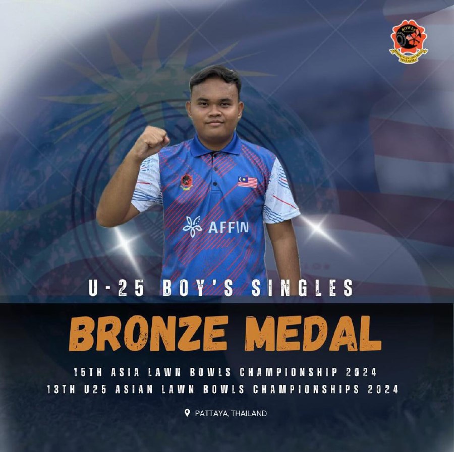 Amirul Danial Abdul Rahim winning the boys’ singles bronze medal in the Asian Under-25 Lawn Bowls Championships in Pattaya. - Pic from Malaysia Lawn Bowls Federation FB page