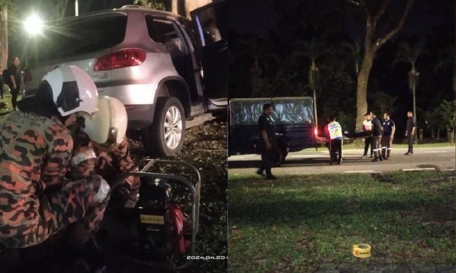 A woman died while two men were seriously injured when the car they were travelling in skidded before crashing into a tree along Jalan Macalister. - Courtesy pix