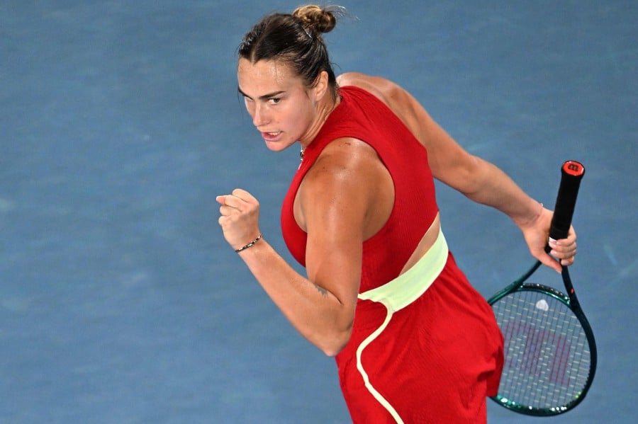 Belarus' Aryna Sabalenka reacts on a point against USA's Amanda Anisimova during their women's singles match on day eight of the Australian Open tennis tournament in Melbourne. - AFP pic