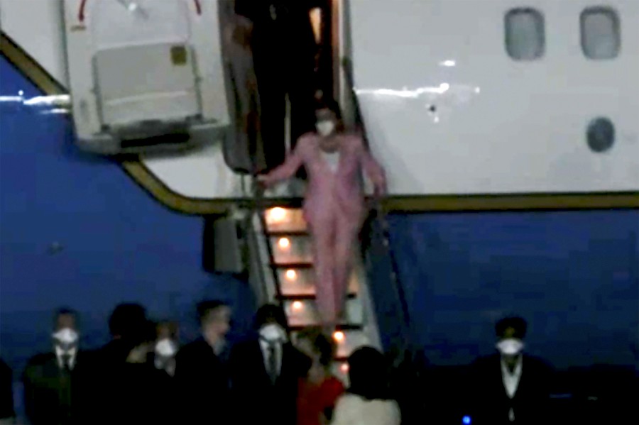 In this image taken from video, U.S. House Speaker Nancy Pelosi, excites a plane as she arrives in Taipei, Taiwan, Tuesday, Aug. 2, 2022. Pelosi arrived in Taiwan on Tuesday night despite threats from Beijing of serious consequences, becoming the highest-ranking American official to visit the self-ruled island claimed by China in 25 years. - AP pic