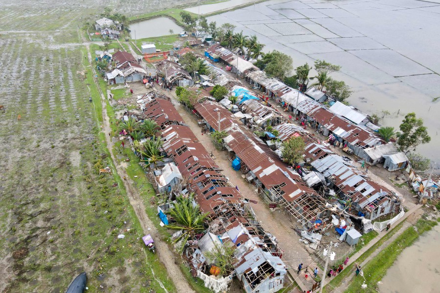 This aerial photograph shows damaged houses after cyclone Remal's landfall in Patuakhali on May 28, 2024. The cyclone destroyed thousands of homes, smashed seawalls and flooded cities across Bangladesh and India. AFP