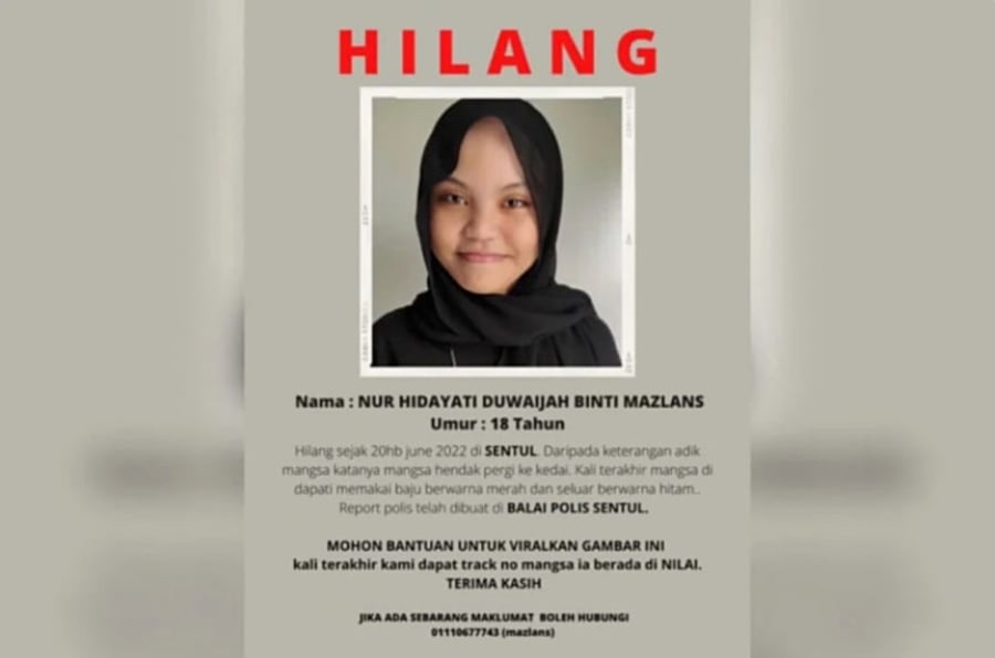 Police have received a report of a missing teenage girl, Nur Hidayati Duwaijah Mazlan from Kampung Bandar Dalam, Sentul. - Courtesy Pic