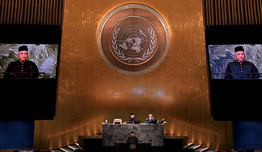 Prime Minister Datuk Seri Ismail Sabri Yaakob delivering Malaysia’s National Statement in Bahasa Melayu at the 77th Session of the United Nations General Assembly (UNGA) here on Friday- BERNAMA Pic