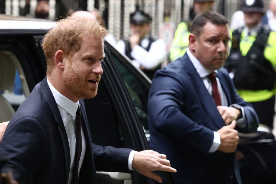 Britain's Prince Harry, Duke of Sussex, arrives to the Royal Courts of Justice, Britain's High Court, in central London on June 6, 2023. Prince Harry is expected to take the witness stand as part of claims against a British tabloid publisher, the latest in his legal battles with the press. King Charles III's younger son will become the first senior British royal to give evidence in court for more than a century when he testifies against Mirror Group Newspapers (MGN). - AFP pic