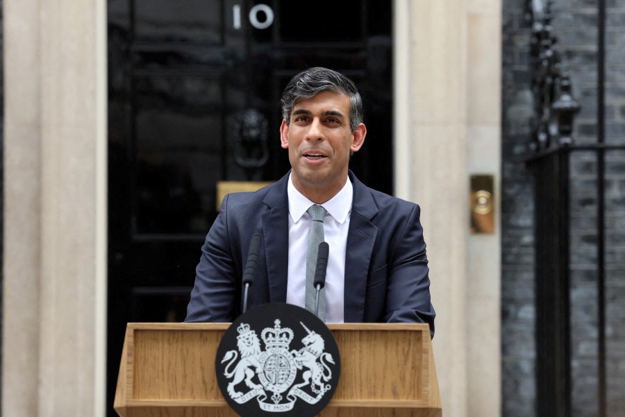 Rishi Sunak delivering a speech at Number 10 Downing Street, following the results of the elections, in London, Britain, July 5, 2024. REUTERS pic