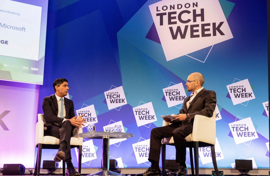 British Prime Minister Rishi Sunak attends the London Tech Week at the Queen Elizabeth II Centre in London, Britain. (Ian Vogler/Pool via REUTERS)