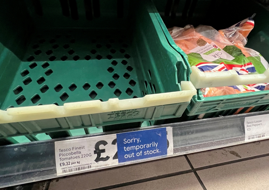 Empty tomato section is seen on shelves at Tesco supermarket in London, Britain. (REUTERS/Toby Melville)