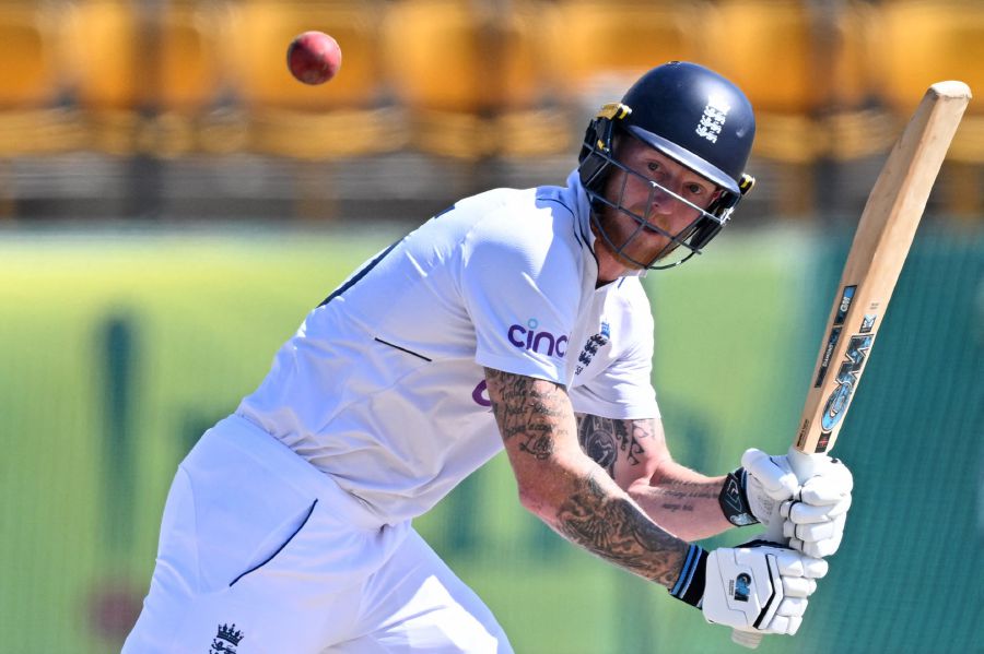 England's captain Ben Stokes watches the ball after playing a shot during the third day of the fifth and last Test cricket match between India and England at the Himachal Pradesh Cricket Association Stadium in Dharamsala. - AFP pic