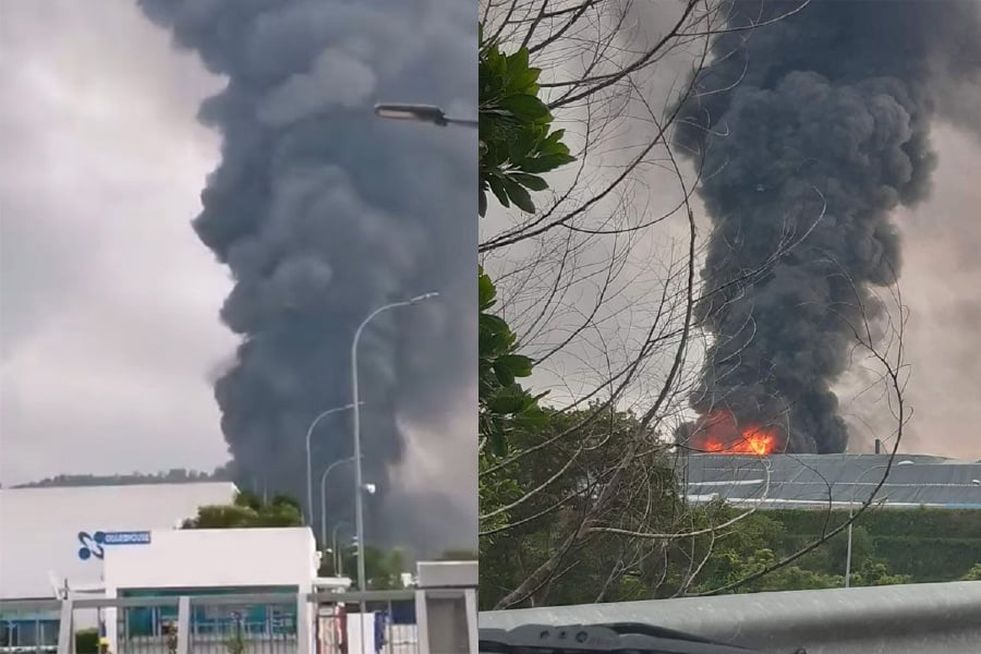 A storage facility for scheduled chemical waste at Cenviro Sdn Bhd (Pusat Kualiti Alam), Ladang Tanah Merah A3 Division, Bukit Pelanduk, Port Dickson, was ravaged by a fire this afternoon. - Pic courtesy from Reader