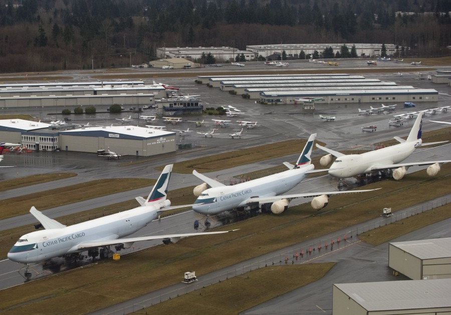  In this file photo in-production Boeing 747 aircraft for Cathay Pacific Cargo sit on the tarmac at the Boeing production facilities at Paine Field in Everett, Washington, on February 17, 2012. - AFP pic