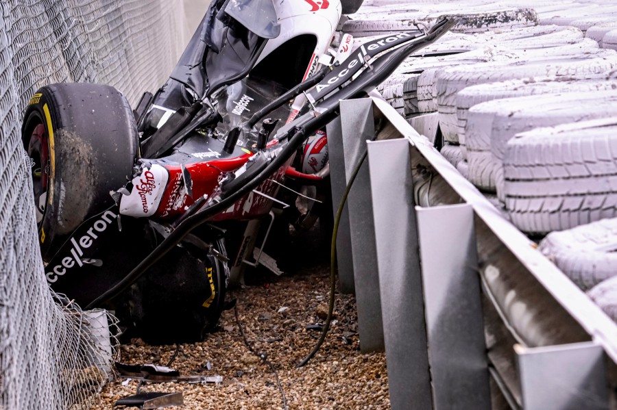 The crashed racing car of Chinese Formula One driver Guanyu Zhou of Alfa Romeo Racing during the Formula One Grand Prix of Britain at the Silverstone Circuit, Silverstone, Britain, 03 July 2022. - EPA pic