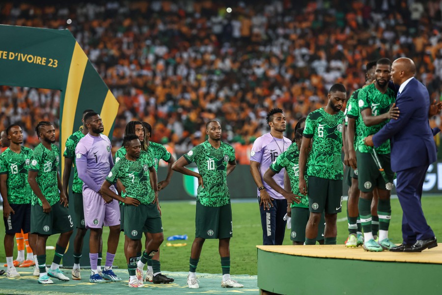 Nigeria's players greet President of the Confederation of African Football (CAF) Patrice Motsepe (R) after losing at the end of the Africa Cup of Nations (CAN) 2024 final football match between Ivory Coast and Nigeria at Alassane Ouattara Olympic Stadium in Ebimpe, Abidjan. - AFP pic