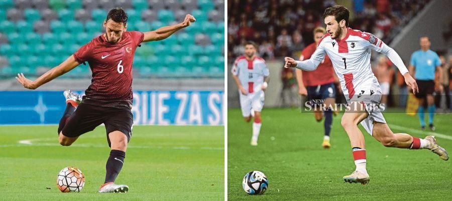 This combination of file photos made on June 16, 2024, shows Turkey's Hakan Calhanoglu (left) and Georgia's Khvicha Kvaratskhelia. Turkey will face Georgia in a Euro 2024 Group F match at BVB Stadion Dortmund in Dortmund on Tuesday. AFP PIC