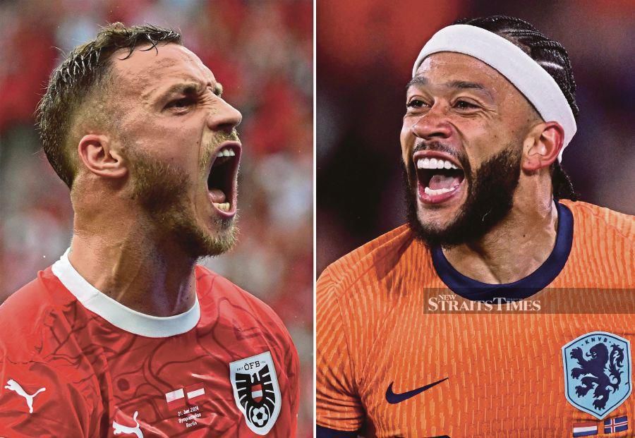 This combination of pictures created on June 23, 2024, shows Austria's Marko Arnautovic (left) and Netherlands' Memphis Depay. Netherlands will face Austria in a UEFA Euro 2024 Group D match at the Olympiastadion in Berlin on Tuesday. AFP PIC 