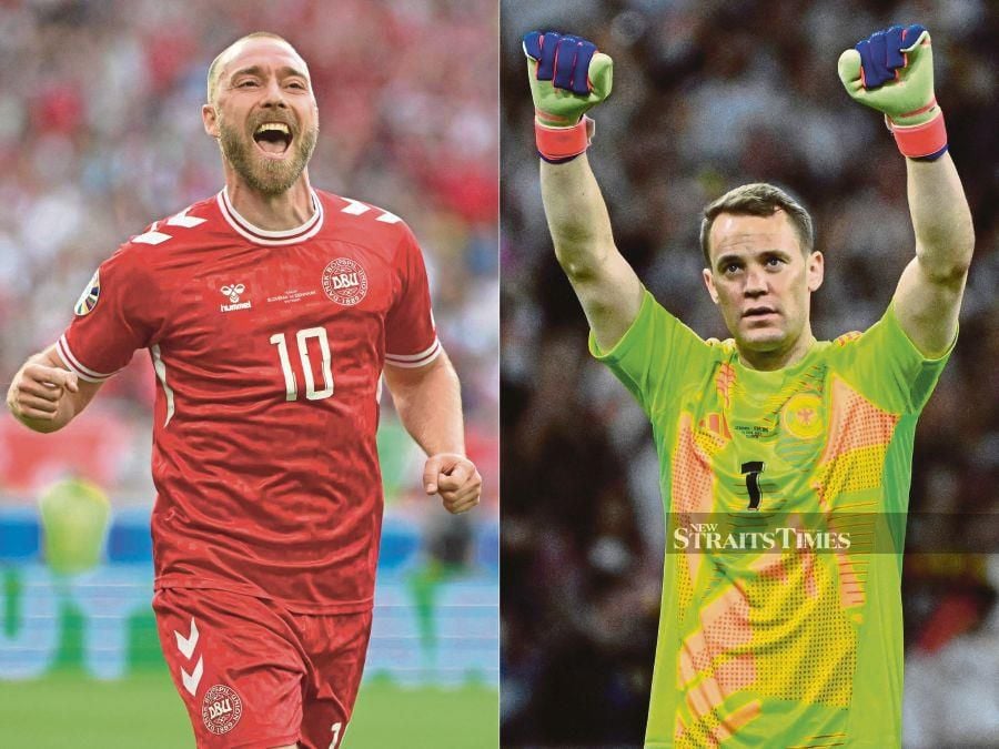 This combination of pictures created on June 26, 2024 shows Denmark's Christian Eriksen (left) and Germany goalkeeper Manuel Neuer. Germany will play against Denmark in the Euro 2024 round of 16 at the BVB Stadion in Dortmund on Saturday. AFP PIC