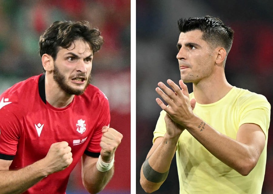 Georgia's forward #07 Khvicha Kvaratskhelia (L) celebrating a goal during the UEFA Euro 2024 Group F football match between Georgia and Portugal at the Arena AufSchalke in Gelsenkirchen on June 26, 2024 and Spain's forward #07 Alvaro Morata (R) greeting the fans after the UEFA Euro 2024 Group B football match between Albania and Spain at the Duesseldorf Arena in Duesseldorf on June 24, 2024. AFP PIC