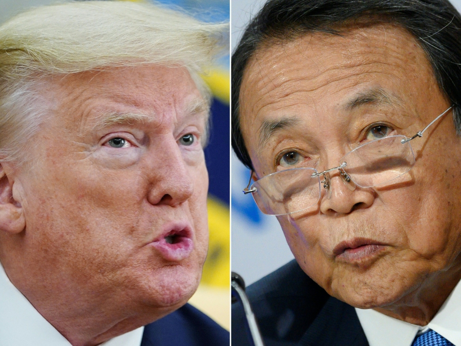 (COMBO) Former Japanese prime minister Taro Aso, a senior figure in the country’s ruling party, met with Donald Trump on Tuesday, becoming the latest U.S. ally seeking to establish ties with the Republican presidential candidate. (Photo by MANDEL NGAN and Andrew CABALLERO-REYNOLDS / AFP)