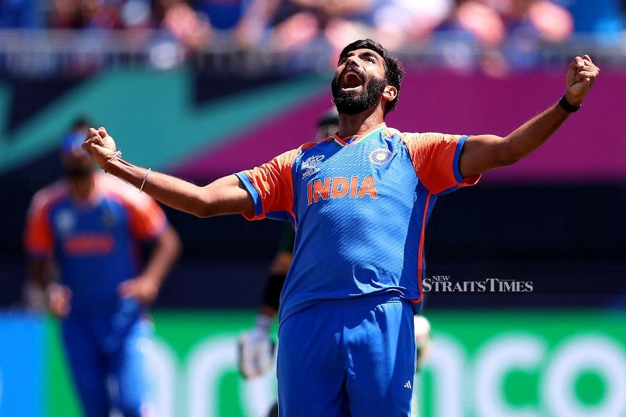Jasprit Bumrah of India celebrates after dismissing Azam Khan of Pakistan during the IT20 Cricket World Cup match at Nassau County International Cricket Stadium in New York on Sunday. AFP PIC 