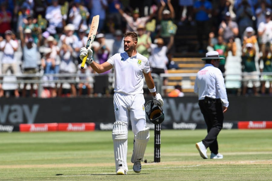 South Africa's Aiden Markram celebrates after scoring a century (100 runs) during the second day of the second cricket Test match between South Africa and India at Newlands stadium in Cape Town on January 4, 2024. AFP PIC