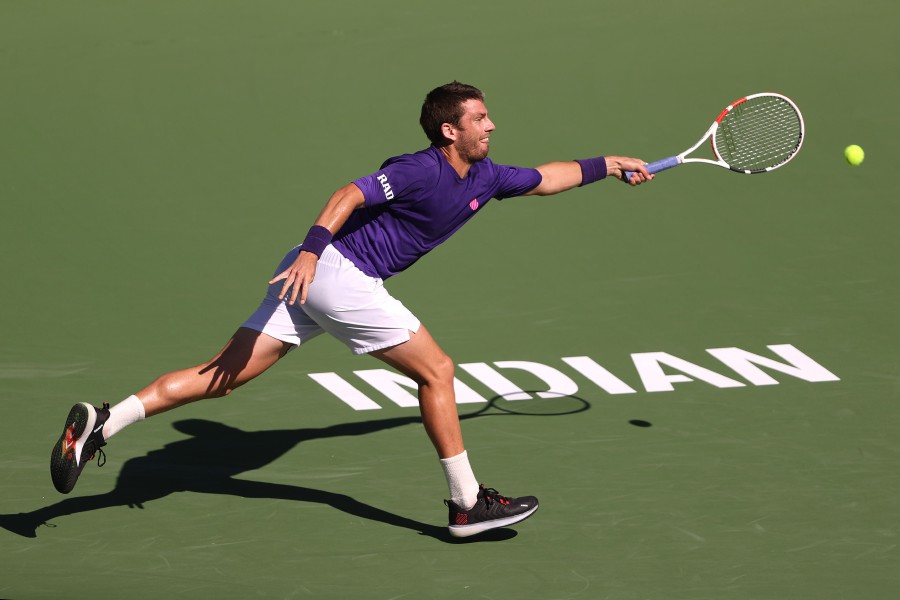 Cameron Norrie of Great Britain plays a forehand against Diego Schwartzman of Argentina in their match on Day 11 of the BNP Paribas Open on October 14, 2021 in Indian Wells, California. - AFP PIC